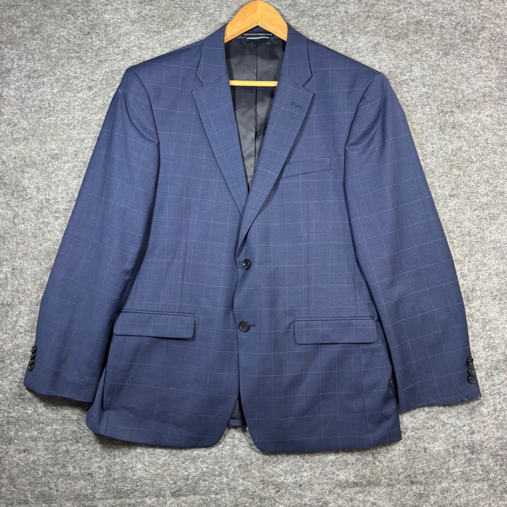 Tommy Hilfiger Blazer Jacket Mens 42R Navy Blue Windowpane Plaid Wool Sport Coat